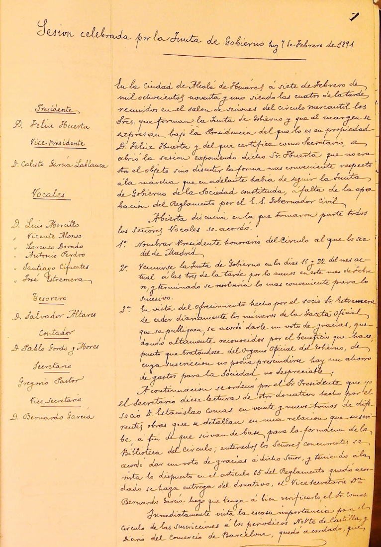Acta manuscrita de la Junta de Gobierno del Círculo, 7 de febrero de 1891
